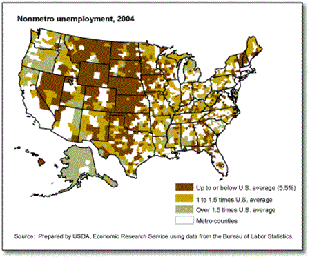 U.S. map showing nonmetro unemployment, 2004