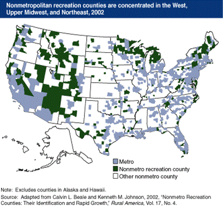 Nonmetropolitan recreation counties are concentrated in the West, Upper Midwest, and Northeast, 2002