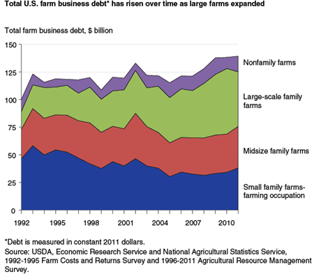 Total U.S. farm business debt* has risen over time as large farms expanded