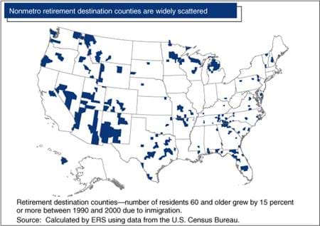 Nonmetro retirement destination counties are widely scattered