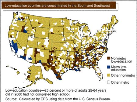 map - low-education counties are concentrated in the South and Southwest