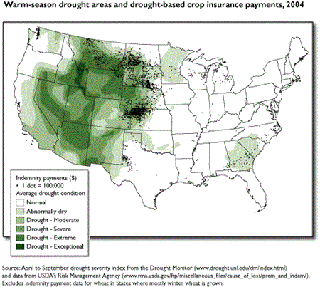 Warm-season drought areas and drought-based crop insurance payments, 2004