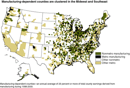 Manufacturing-dependent counties are clustered in the Midwest and the Southeast