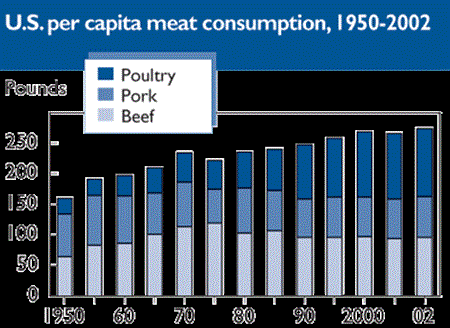 U.S. per capita meat consumption, 1950-2002