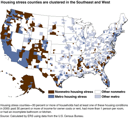 Housing stress counties are clustered in the Southeast and West