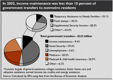 In 2002, income maintenance was less than 10 percent of government transfrs to nonmetro residents