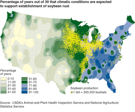Percentage of years out of 30 that climatic conditions are expected to support establishment of soybean rust
