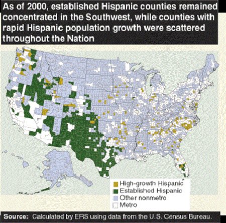 As of 2000, established Hispanic counties remained concentrated in the Southwest, while counties with rapid Hispanic population growth were scattered throughout the Nation