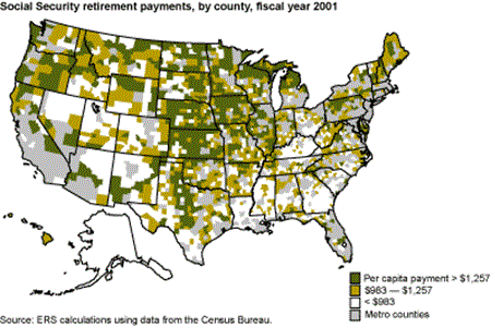 Social security retirement payments, by county, fiscal year 2001