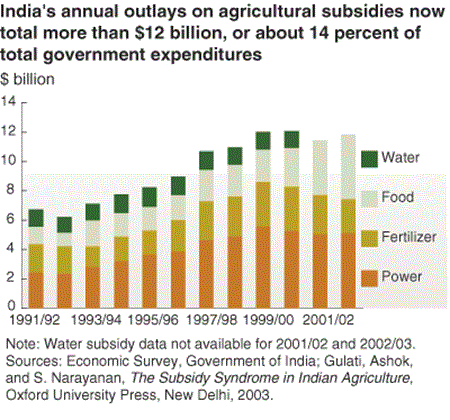 India's annual outlays on agricultural subsidies now total more than $12 billion, or about 14 percent of total government expenditures