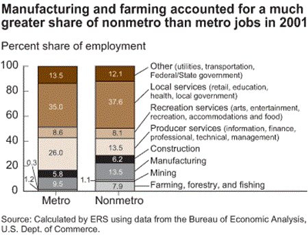 chart - manufacturing and farming accounted for a much greater share of nonmetro than metro jobs in 2001