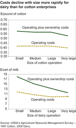 costs decline with size more rapidly for dairy than for cotton enterprises