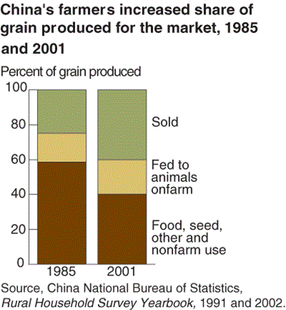 China's farmers increased share of grain produced for the market, 1985 and 2001