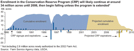 Enrollment in the Conservation Reserve Program (CRP) will likely continue at around 34 million acres until 2006, then begin falling unless the program is extended*