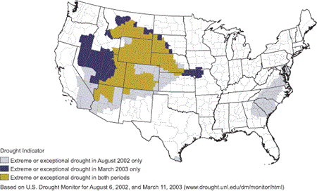 As of March 11, 2003, extreme or exceptional drought conditions continued or had emerged in much of the Rockies, but had retreated from the Southeast and parts of the Plains and Southwest.