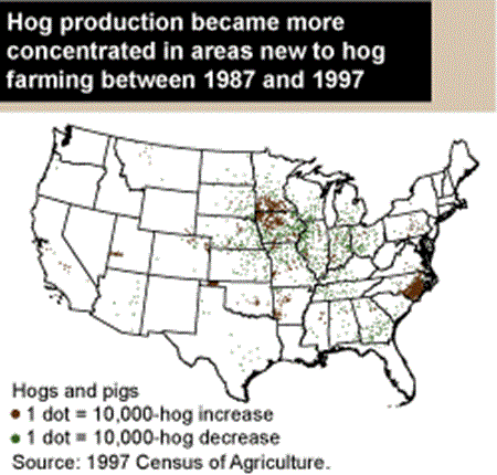 Hog production became more concentrated in areas new to hog farming between 1987 and 1997