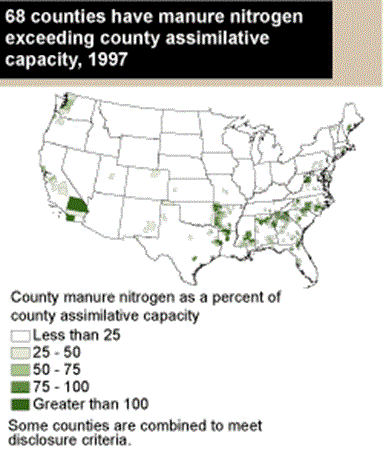 68 counties have manure nitrogen exceeding county assimilative capacity, 1997