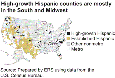 A map showing high-growth Hispanic counties are mostly in the South and Midwest