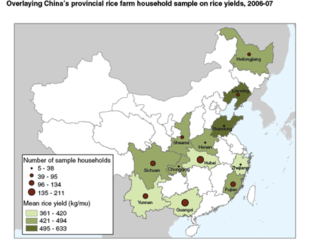 Overlaying China's provincial rice farm household sample on rice yields, 2006-07