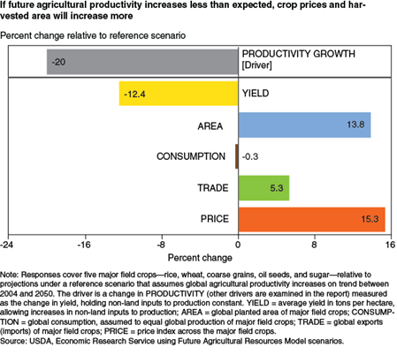 If future agricultural productivity increases less than expected, crop prices and harvested area will increase more