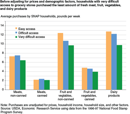 Before adjusting for prices and demographic factors, households with very difficult access to grocery stores purchased the least amount of fresh meat, fruit, vegetables, and dairy products
