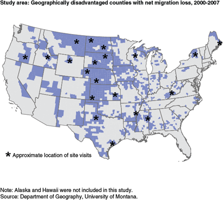 Study area: Geographically disadvantaged counties with net migration loss, 2000-2007