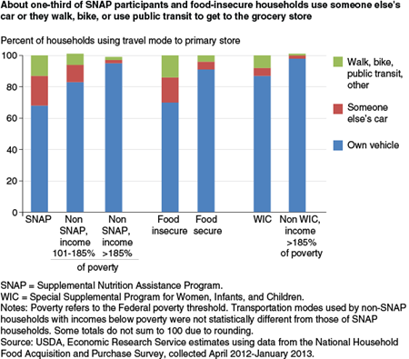About one-third of SNAP participants and food-insecure households use someone else's car or they walk, bike, or use public transit to get to the grocery store