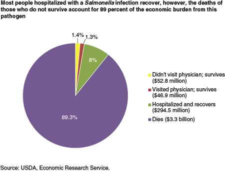 Most people hospitalized with a Salmonella infection recover, however, the deaths of those who do not survive account for 89 percent of the economic burden from this pathogen