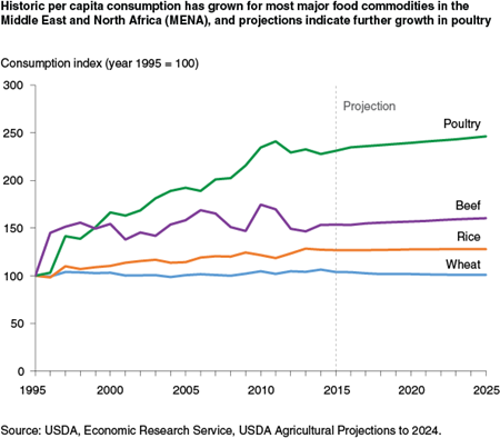 Historic per capita consumption has grown for most major food commodities in the Middle East and North Africa (MENA), and projections indicate further growth in poultry