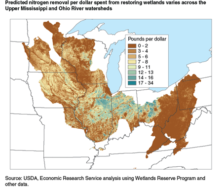 Predicted nitrogen removal per dollar spent from restoring wetlands varies across the Upper Mississippi and Ohio River watersheds