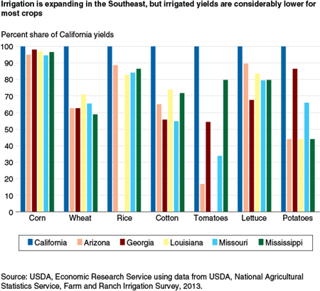Irrigation is expanding in the Southeast, but irrigated yields are considerably lower for most crops