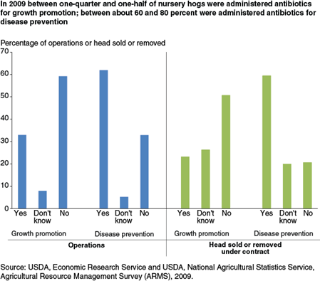 In 2009 between one-quarter and one-half of nursery hogs were administered antibiotics for growth promotion; between about 60 and 80 percent were administered antibiotics for disease prevention