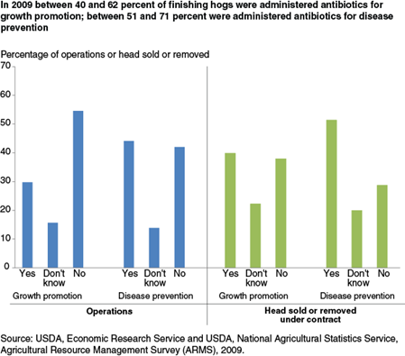 In 2009 between 40 and 62 percent of finishing hogs were administered antibiotics for growth promotion; between 51 and 71 percent were administered antibiotics for disease prevention