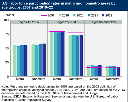 Groups of bar charts show U.S. labor force participation rates in metro and nonmetro areas by age groups, 2007 and 2019–22. The age groups are 16 to 24, 25 to 64, and 65 and older.