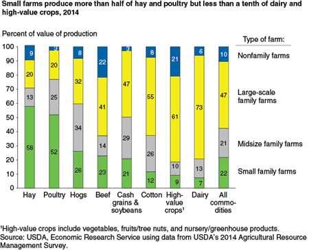 Small farms produce more than half of hay and poultry but less than a tenth of dairy and high value crops, 2014