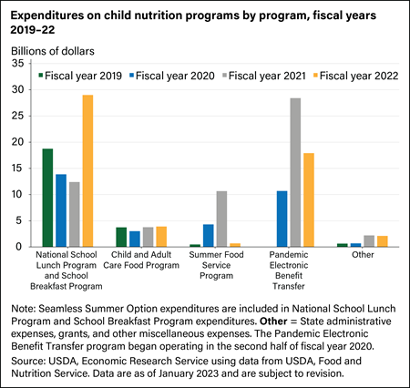 Bar chart showing expenditures on child nutrition programs by program, fiscal years 2019–21