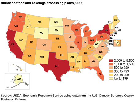 A map showing ranges in the number of food and beverage processing plants in 2015 by State.