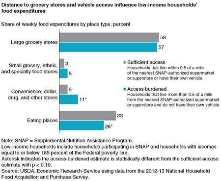 A bar chart showing the share of weekly food expenditures by place type for households with sufficient access and burdened access to large grocery stores