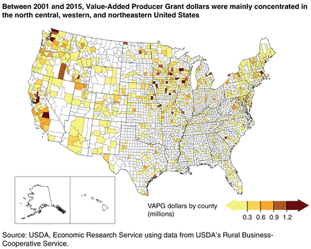 A map showing the distribution of Value-Added Producer Grant dollars by county, 2001-15