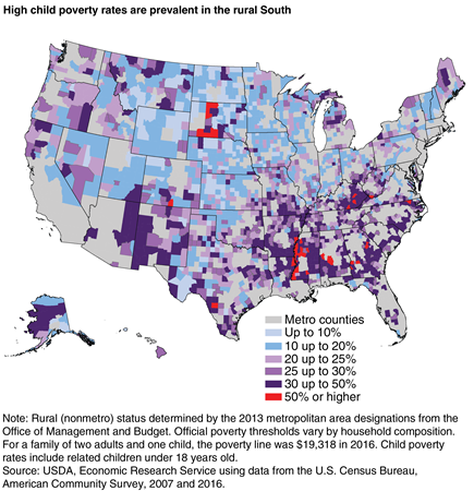 A map shows that high child poverty rates were prevalent in the rural South, 2012-16
