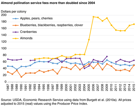 A line chart showing pollination service fees per colony rented by commodity since 1997