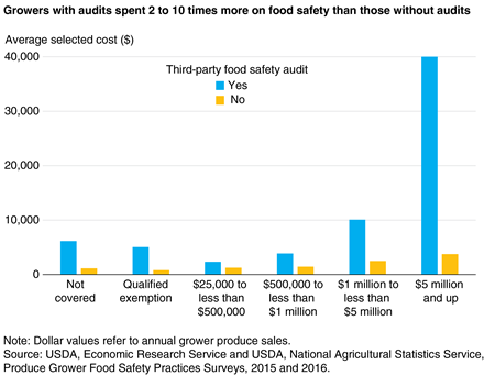 A column chart showing the average amount spent on food safety by sales levels for groups that conducted third-party food safety audits and those that did not.