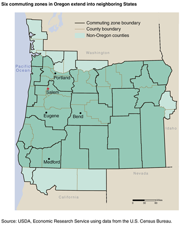 A map of Oregon and parts of neighboring States showing county boundaries and commuting zone boundaries