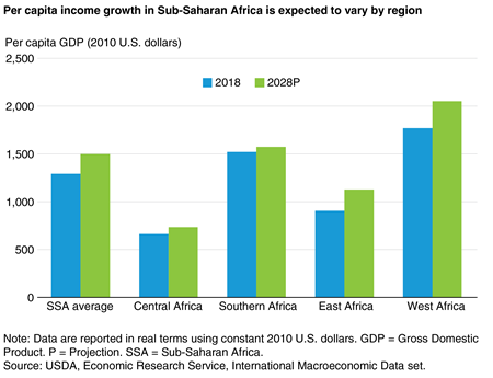 A column chart showing 2018 and projected 2028 real per capita GDP for Sub-Saharan Africa and its four subregions