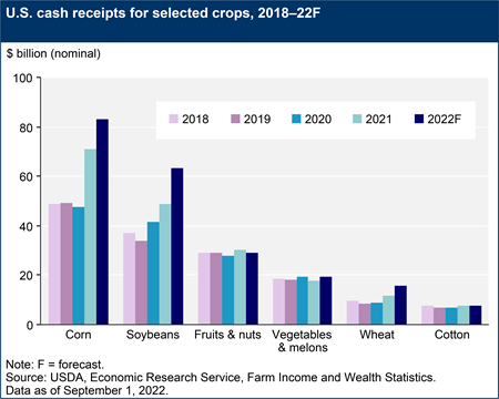 U.S. cash receipts for selected crops, 2018–22F
