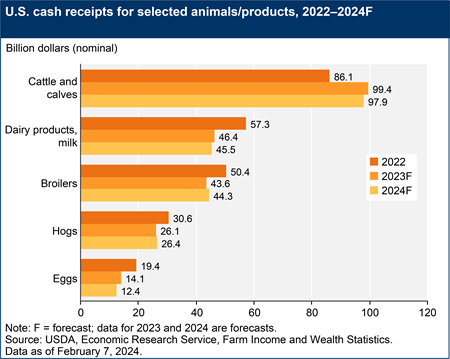 A bar chart shows U.S. cash receipts for cattle and calves, dairy products/milk, broilers, and hogs, for the years 2022 and a forecast for 2023 and 2024.