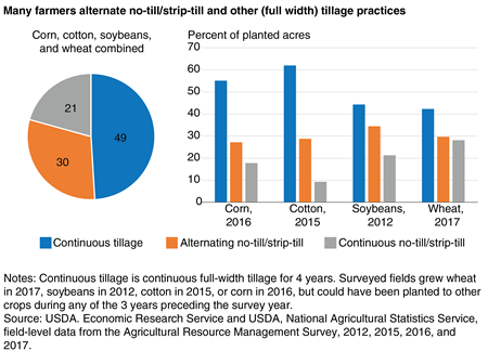 Pie chart showing continuous tillage (49%) compared to alternating  no-till/strip-till (30%), and continuous no-till strip-till (21%) for a combination of corn, cotton, soybeans and wheat from 2012–17. Also a line chart showing no-till adoption in U.