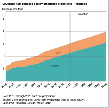 Area chart showing pork and poultry production projections in Indonesia through 202