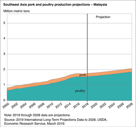 Area chart showing pork and poultry production projections in Malaysia through 2028
