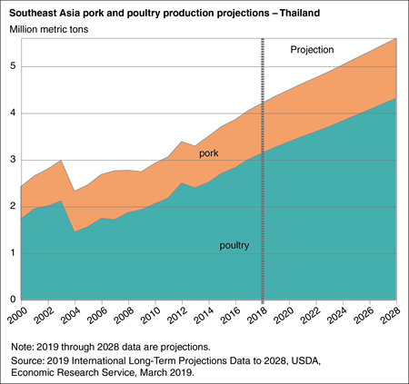 Area chart showing pork and poultry production projections in Thailand through 2028